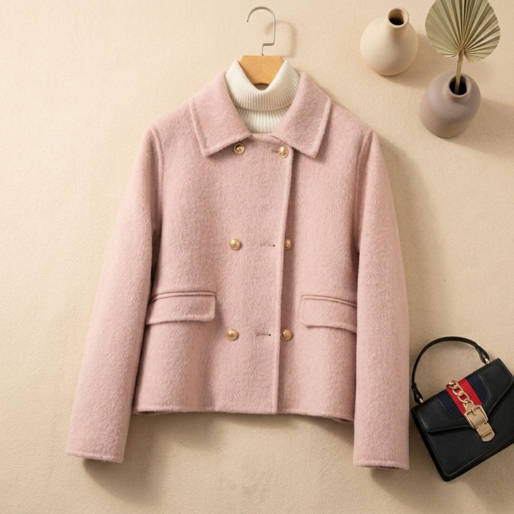 Women's Elegant Double-Breasted Wool Coat Gold-Button Cropped Jacket