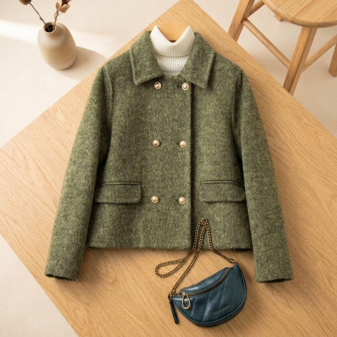 Women's Elegant Double-Breasted Wool Coat Gold-Button Cropped Jacket