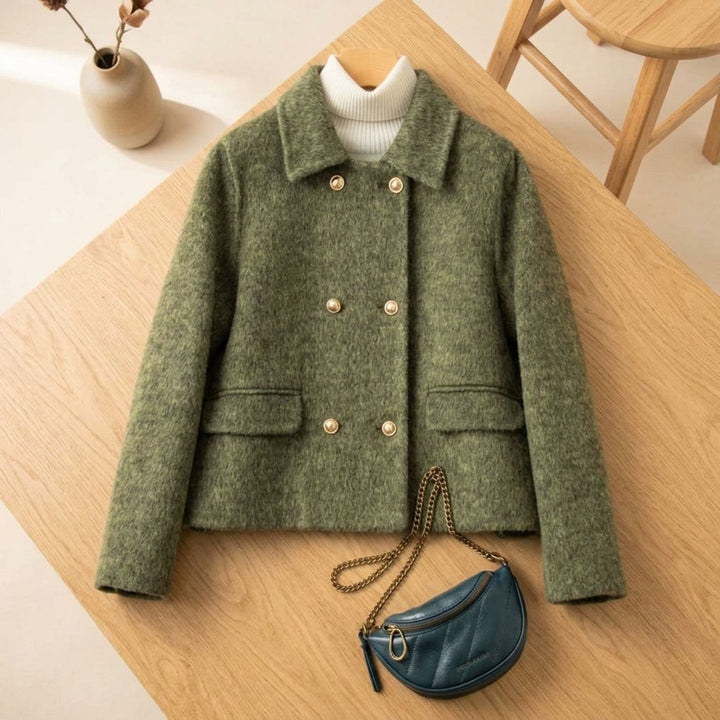 Women's Elegant Double-Breasted Wool Coat Gold-Button Cropped Jacket