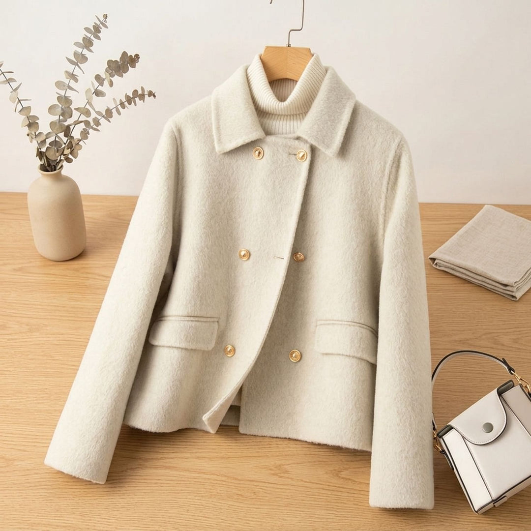 Women's Elegant Double-Breasted Wool Coat Gold-Button Cropped Jacket - Beige
