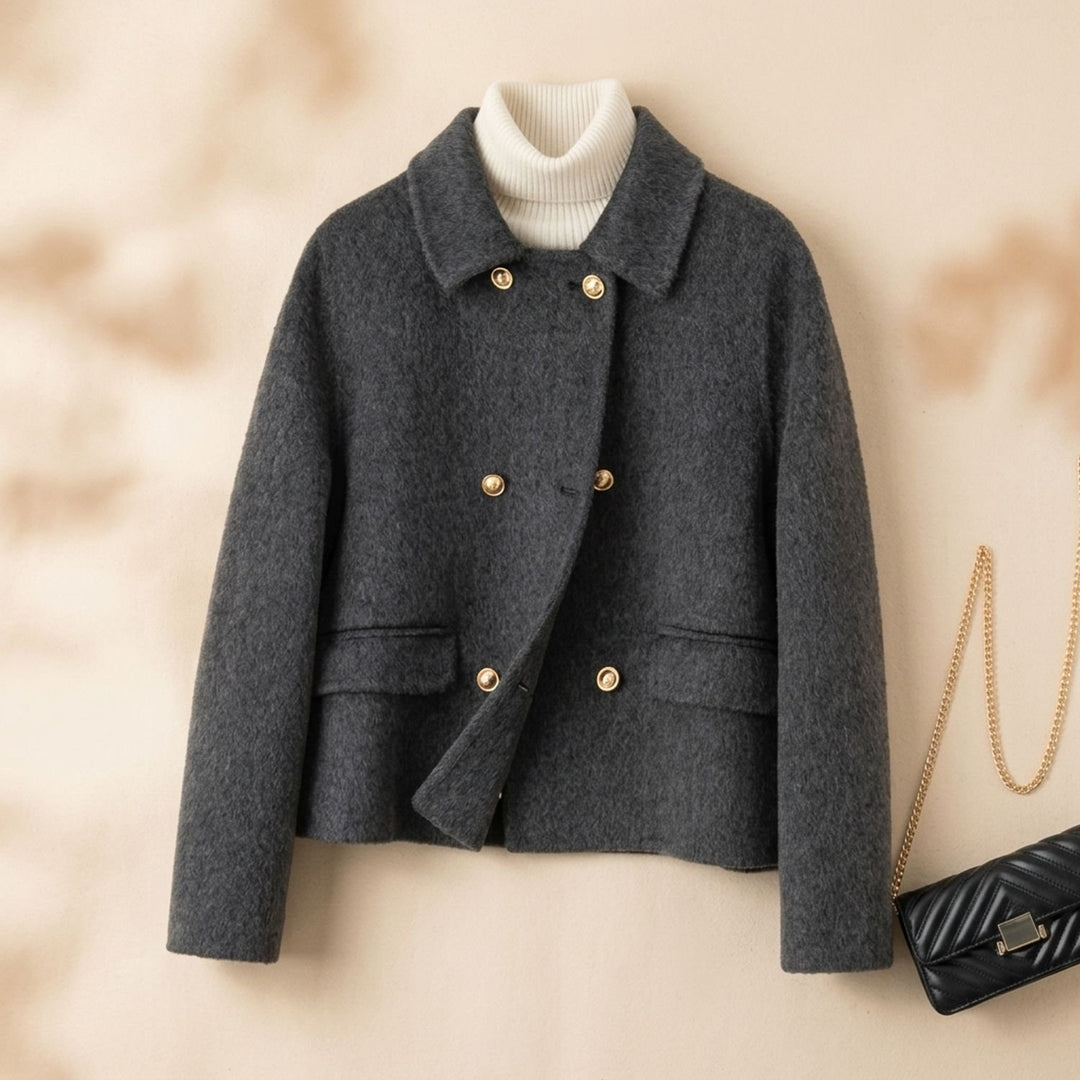 Women's Elegant Double-Breasted Wool Coat Gold-Button Cropped Jacket - Black