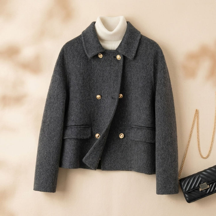 Women's Elegant Double-Breasted Wool Coat Gold-Button Cropped Jacket - Black
