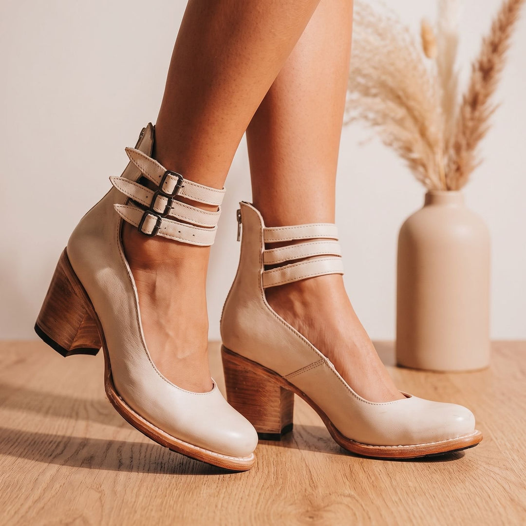 Women's Elegant Double-Buckle Block-Heel Ankle Boots - Beige