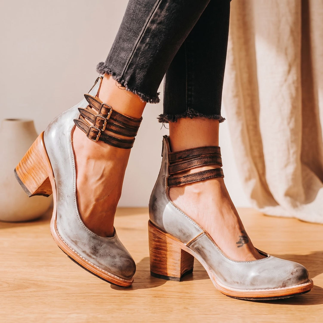 Women's Elegant Double-Buckle Block-Heel Ankle Boots - Grey