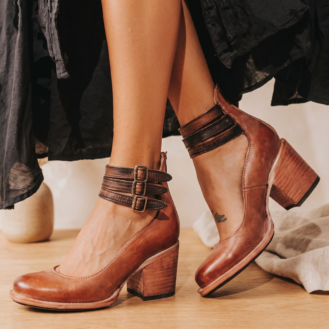 Women's Elegant Double-Buckle Block-Heel Ankle Boots - Khaki
