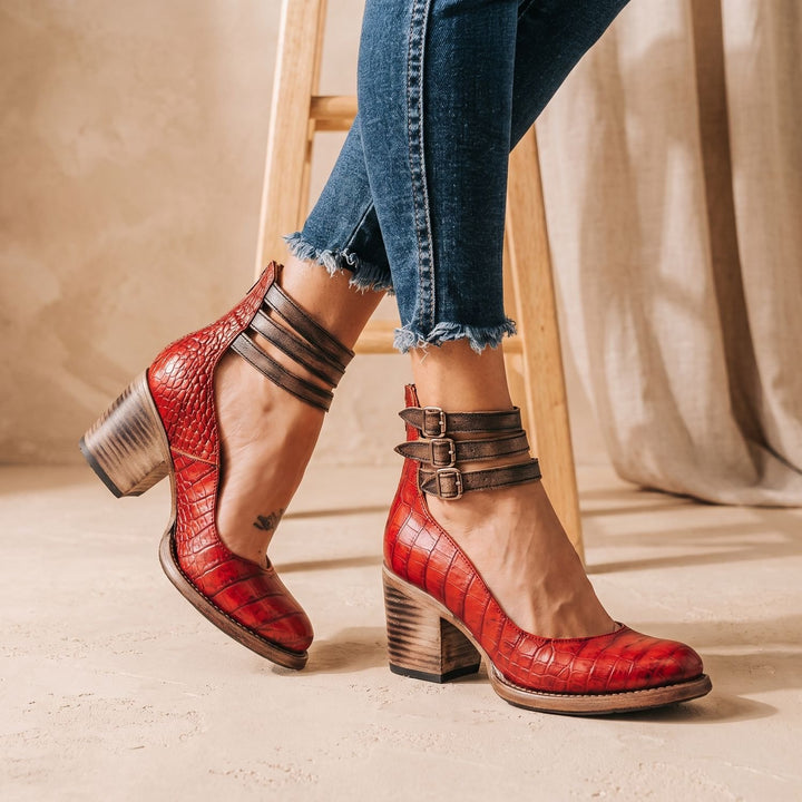Women's Elegant Double-Buckle Block-Heel Ankle Boots - Serpentine Red