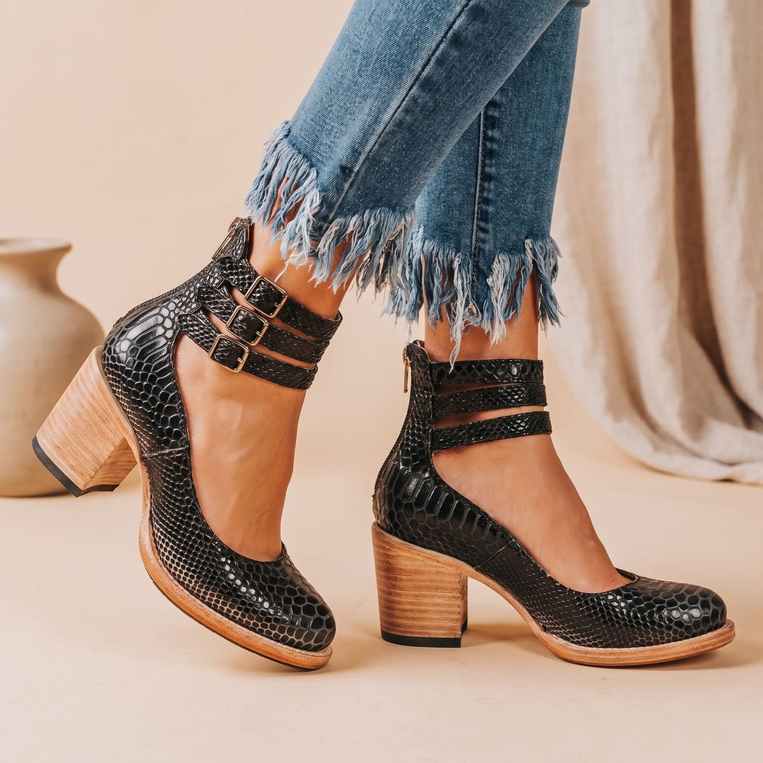 Women's Elegant Double-Buckle Block-Heel Ankle Boots - Serpentine Black