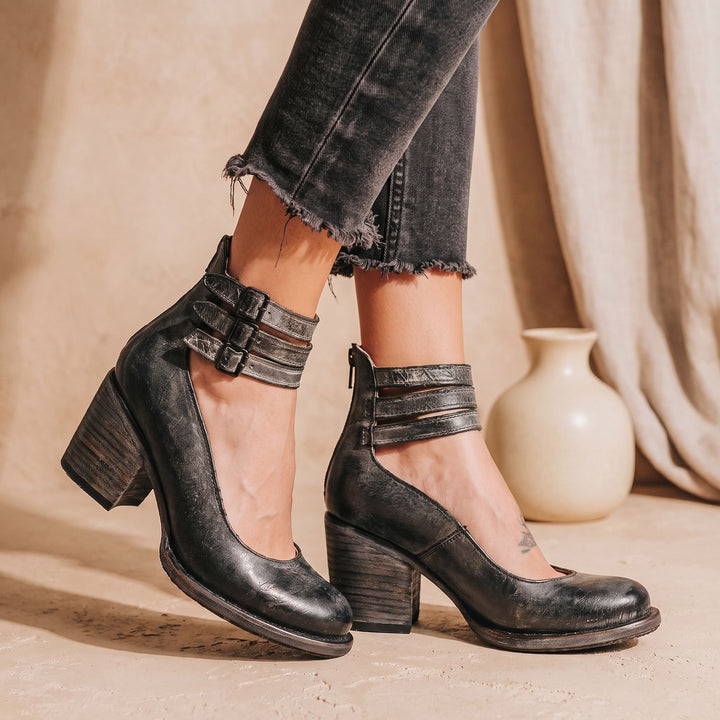 Women's Elegant Double-Buckle Block-Heel Ankle Boots - Black
