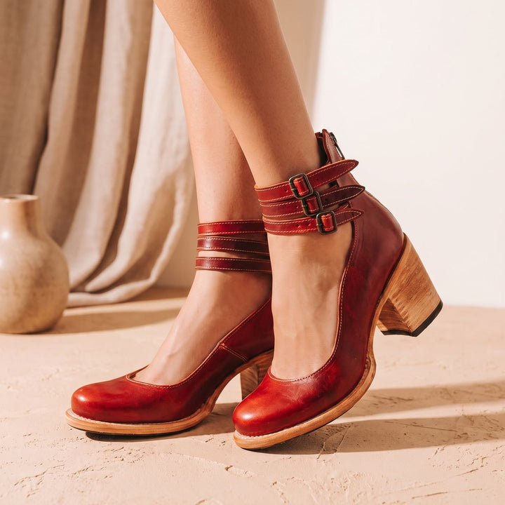 Women's Elegant Double-Buckle Block-Heel Ankle Boots - Red