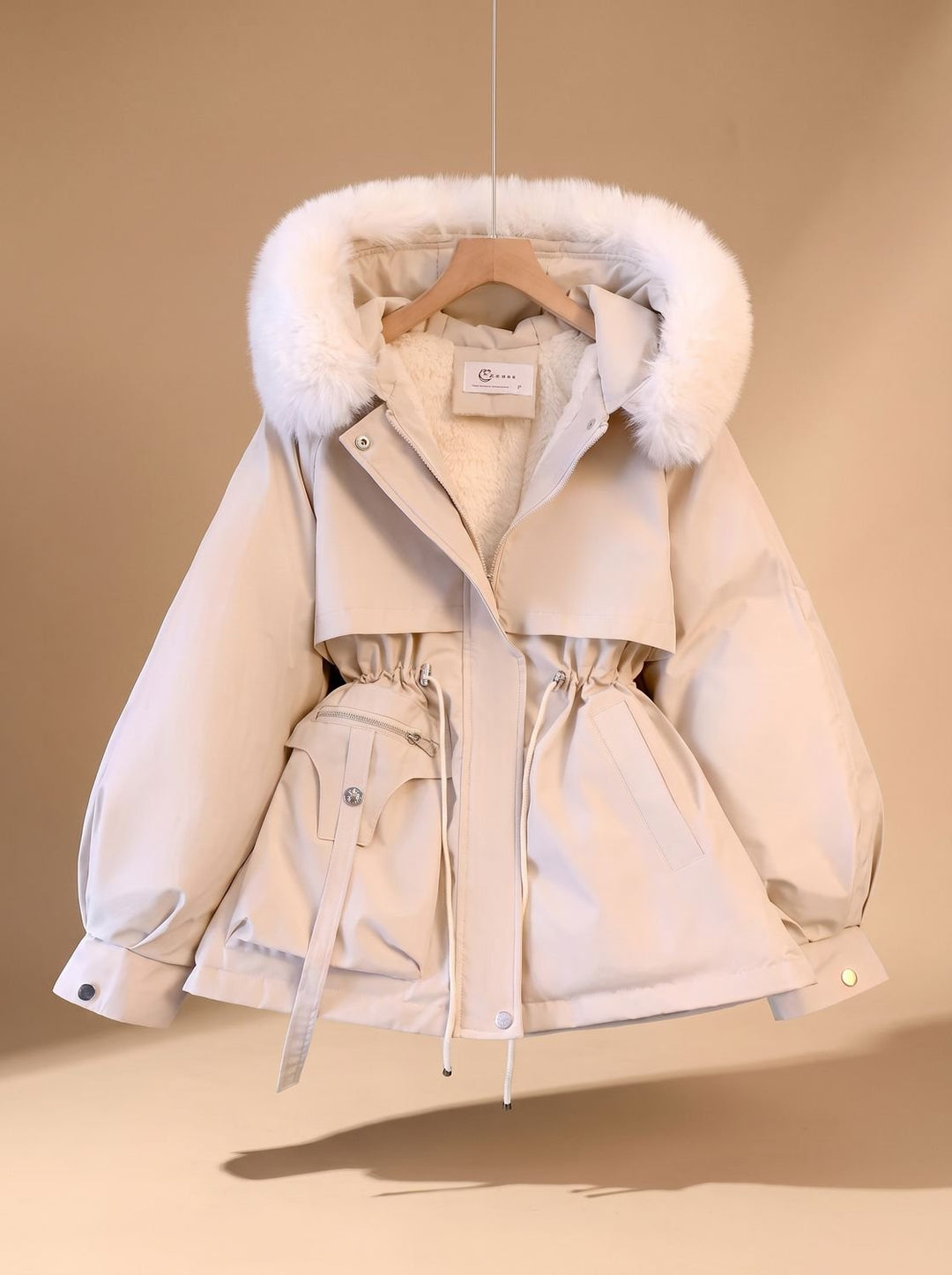Women's Elegant Faux-Fur Hooded Drawstring Puffer Jacket - White