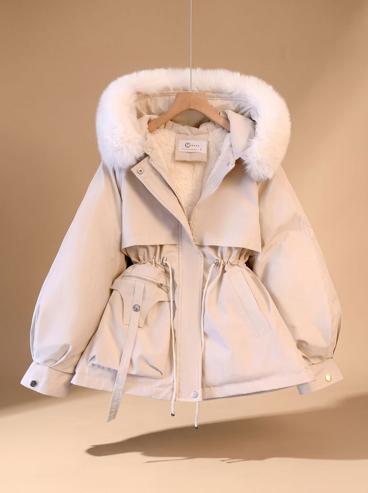 Women's Elegant Faux-Fur Hooded Drawstring Puffer Jacket - White