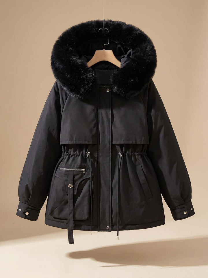 Women's Elegant Faux-Fur Hooded Drawstring Puffer Jacket - Black