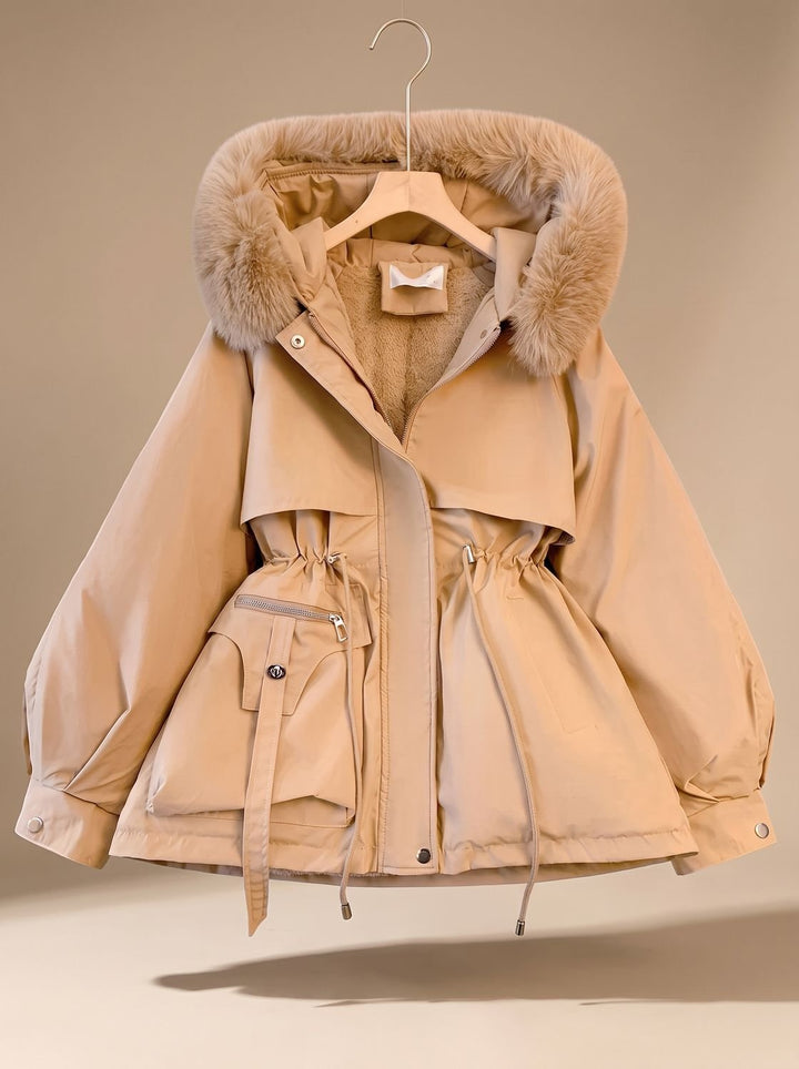Women's Elegant Faux-Fur Hooded Drawstring Puffer Jacket - Khaki