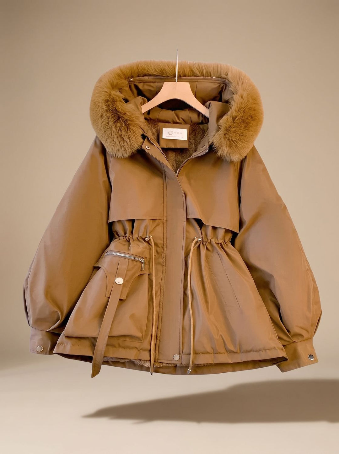 Women's Elegant Faux-Fur Hooded Drawstring Puffer Jacket - Brown