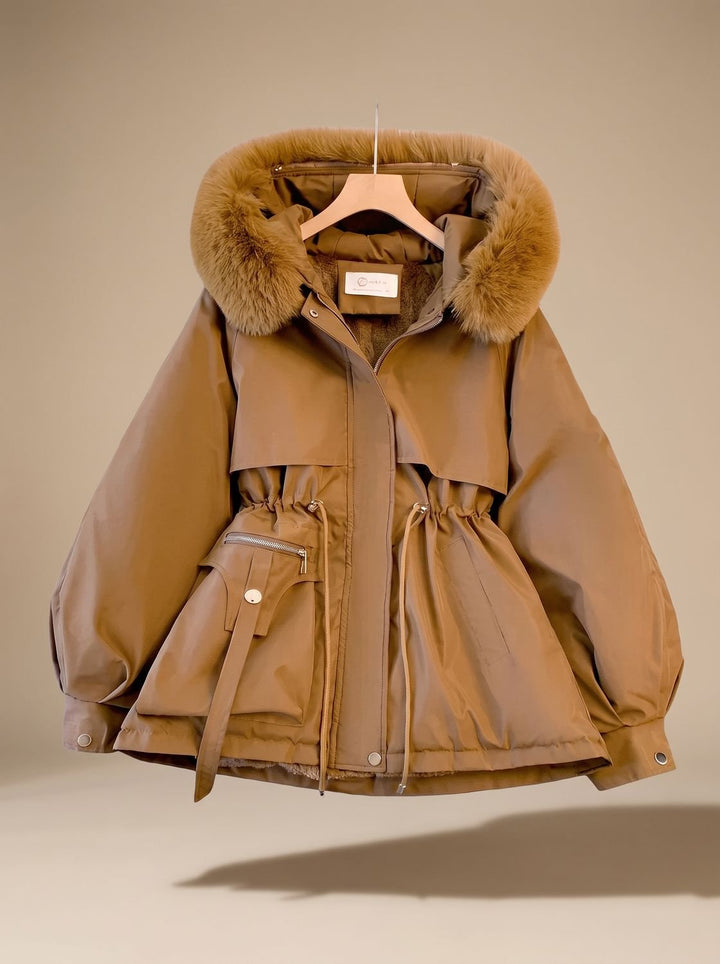 Women's Elegant Faux-Fur Hooded Drawstring Puffer Jacket - Brown