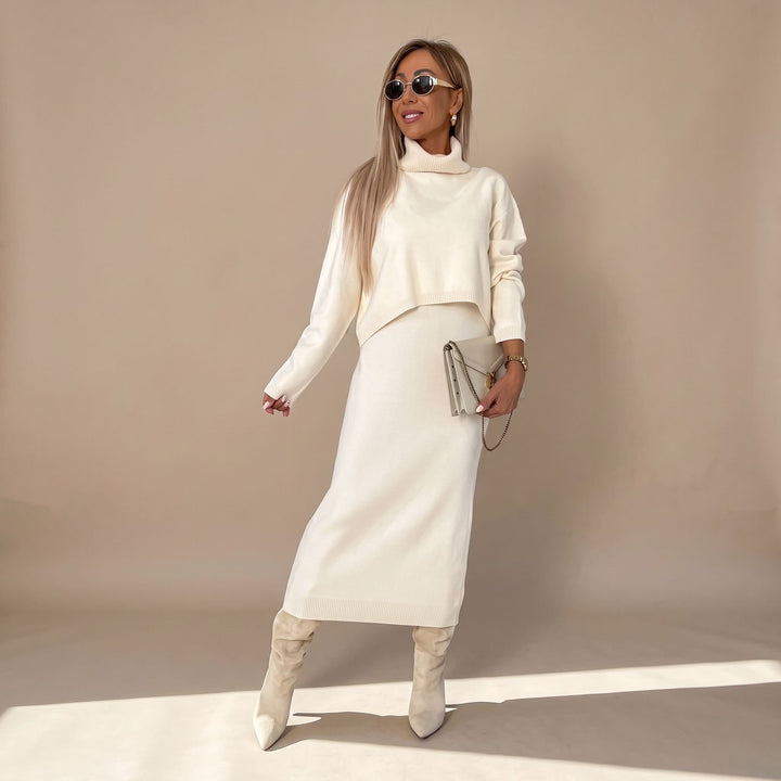 Women's Elegant Knit Set Turtleneck Crop Top Midi Skirt Two-Piece - Cream