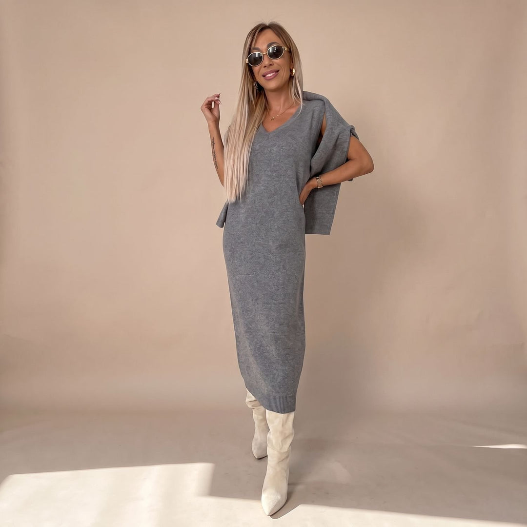 Women's Elegant Knit Set Turtleneck Crop Top Midi Skirt Two-Piece - Gray
