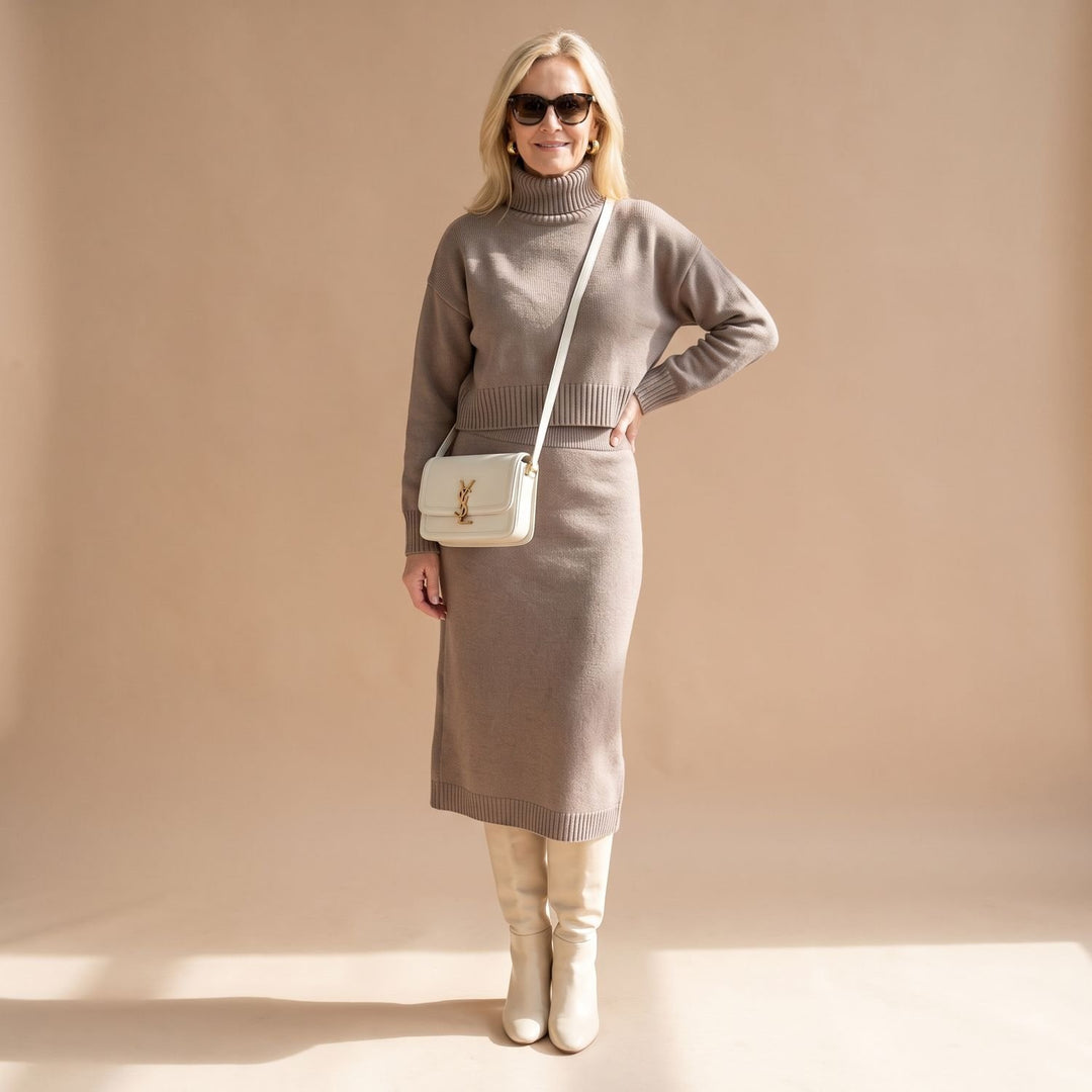 Women's Elegant Knit Set Turtleneck Crop Top Midi Skirt Two-Piece - Beige