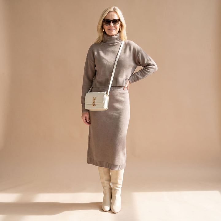 Women's Elegant Knit Set Turtleneck Crop Top Midi Skirt Two-Piece - Beige