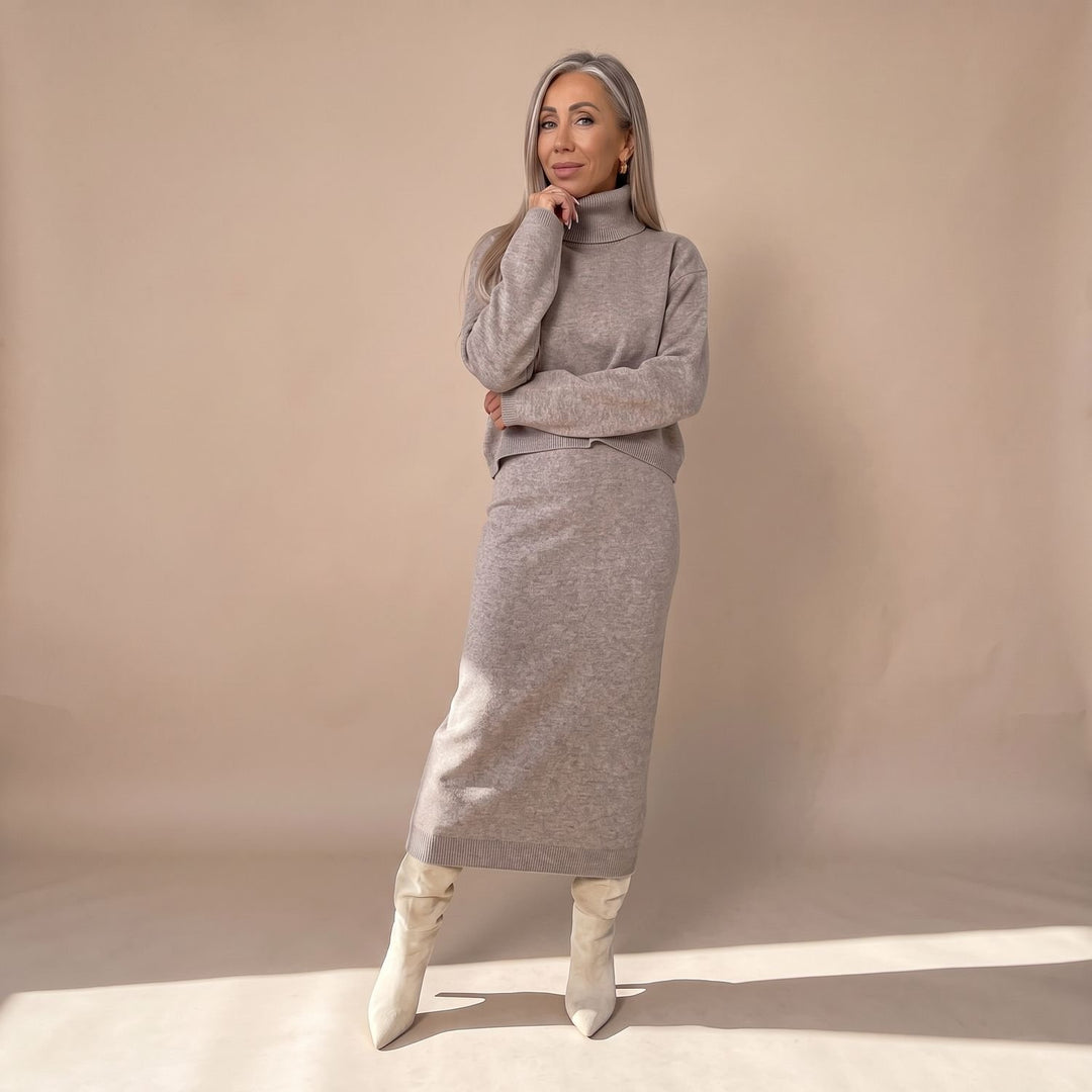 Women's Elegant Knit Set Turtleneck Crop Top Midi Skirt Two-Piece