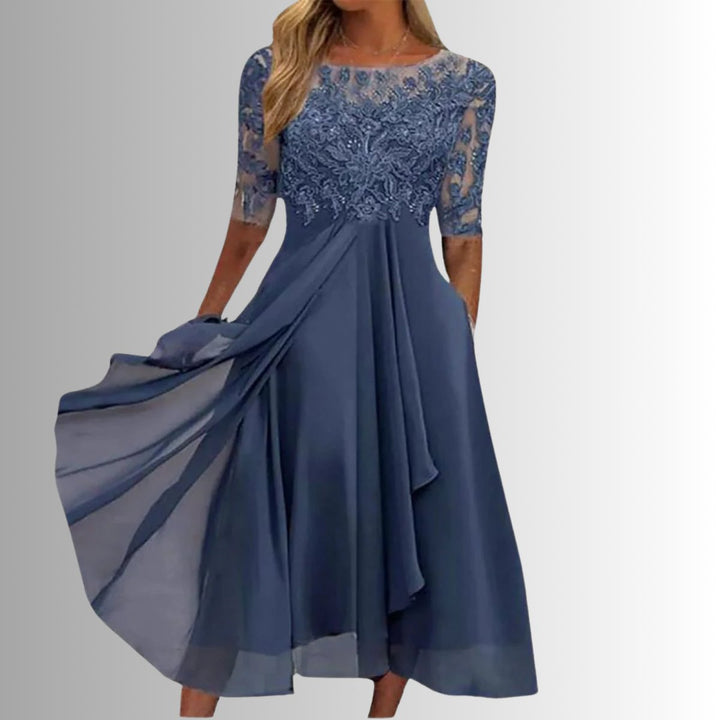 Women's Elegant Lace Bodice Chiffon Formal Dresses Midi Length - Blue