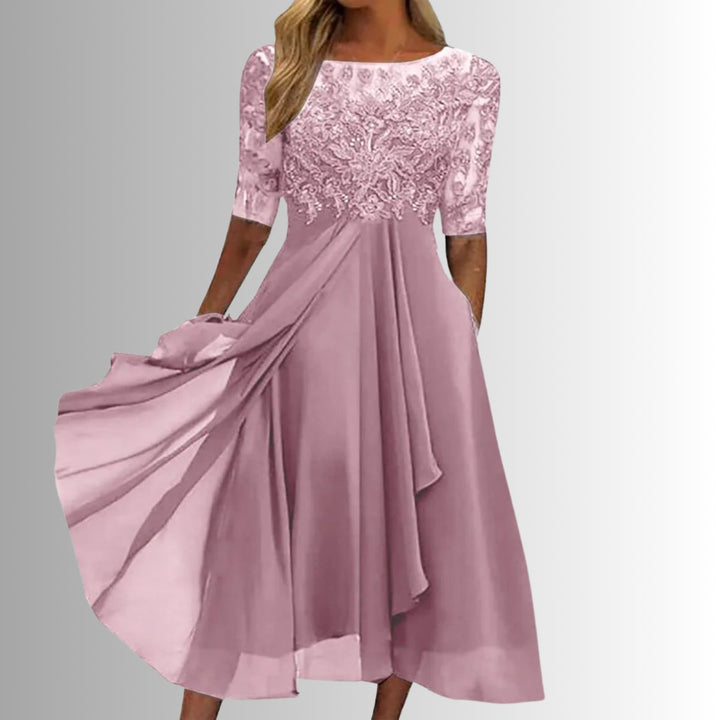 Women's Elegant Lace Bodice Chiffon Formal Dresses Midi Length - Pink