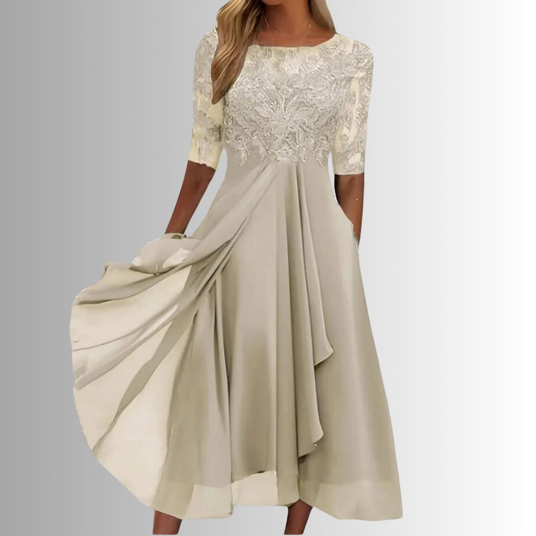 Women's Elegant Lace Bodice Chiffon Formal Dresses Midi Length - Cream