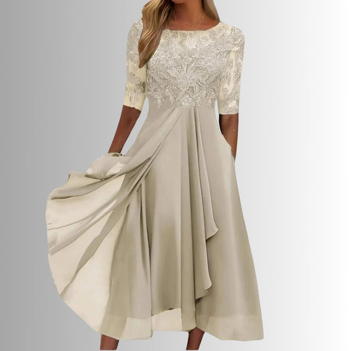 Women's Elegant Lace Bodice Chiffon Formal Dresses Midi Length - Cream