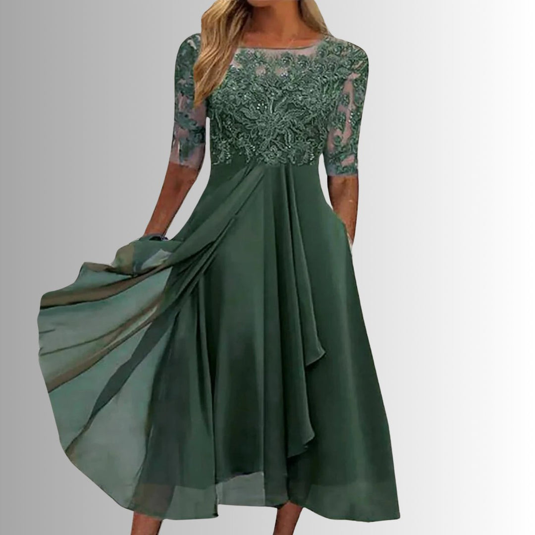 Women's Elegant Lace Bodice Chiffon Formal Dresses Midi Length - Green