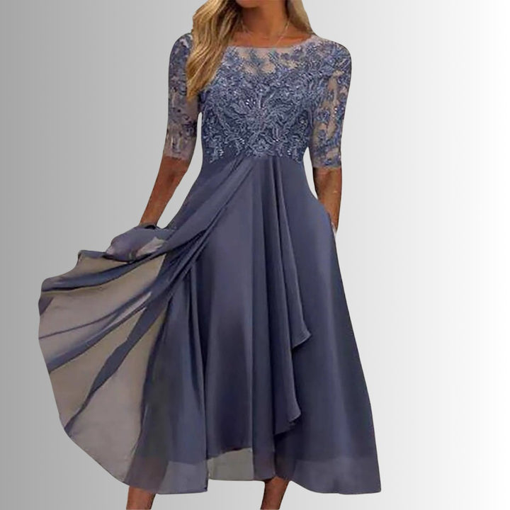Women's Elegant Lace Bodice Chiffon Formal Dresses Midi Length - Purple