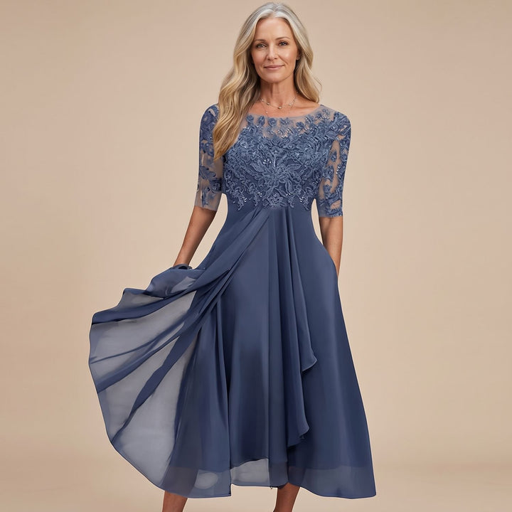 Women's Elegant Lace Dress Chiffon Midi A-Line - Navy Blue