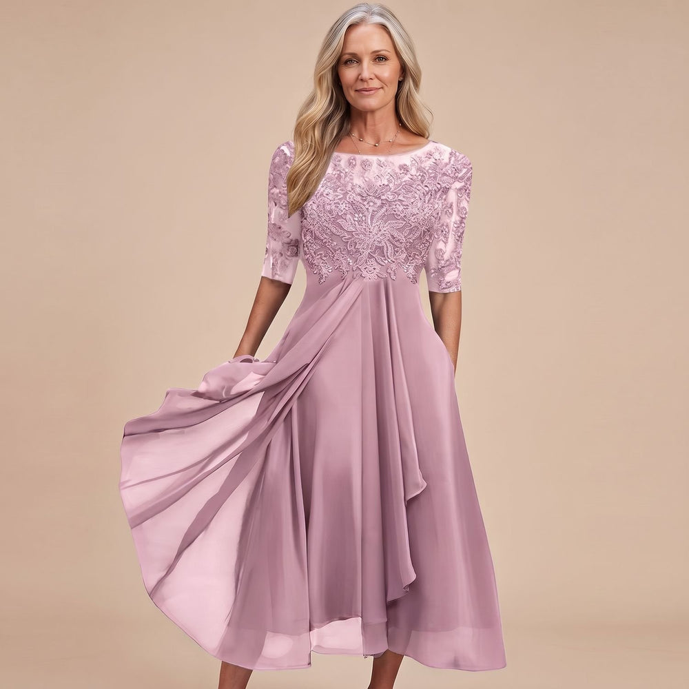 Women's Elegant Lace Dress Chiffon Midi A-Line - Pink