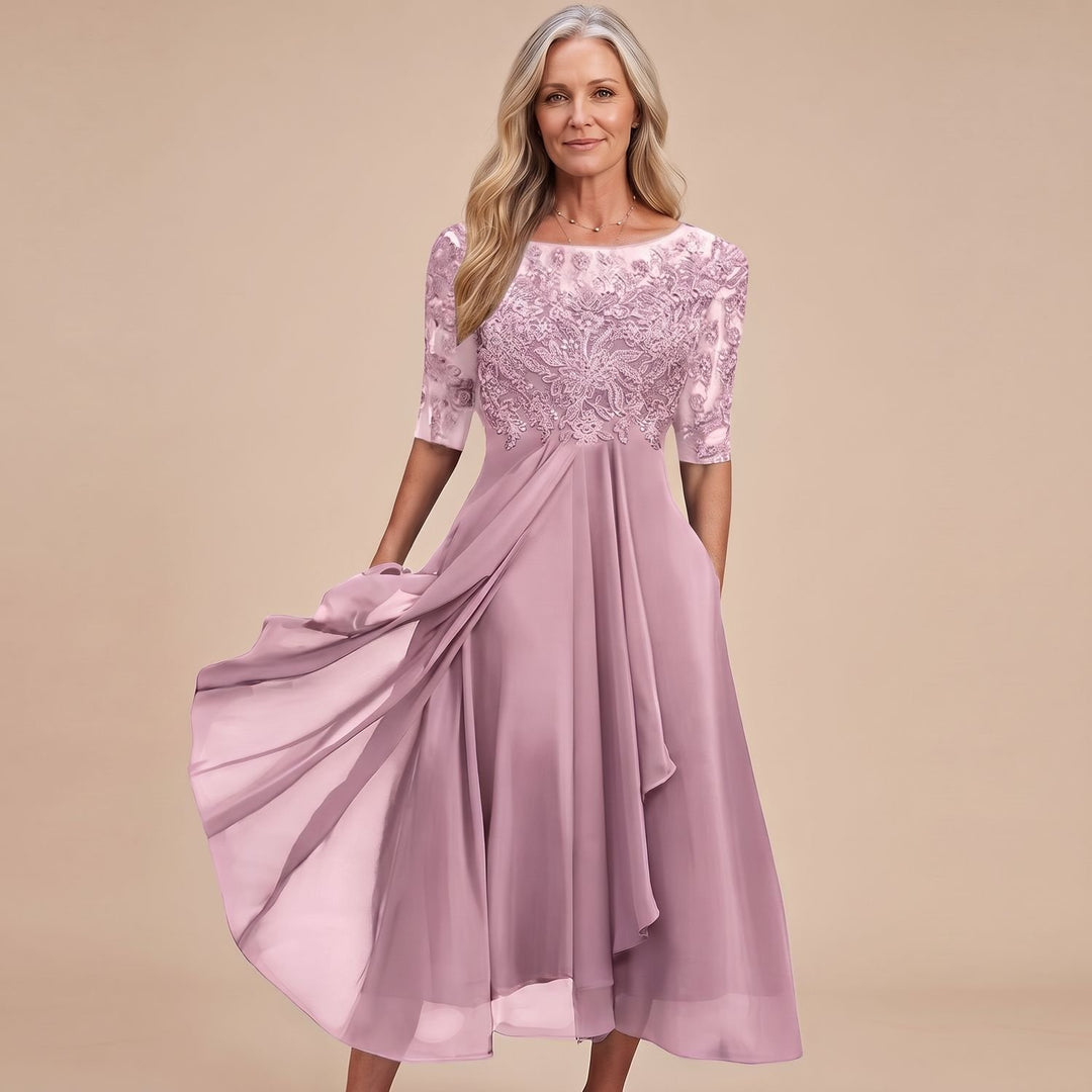 Women's Elegant Lace Dress Chiffon Midi A-Line - Pink