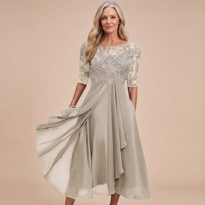 Women's Elegant Lace Dress Chiffon Midi A-Line - Beige