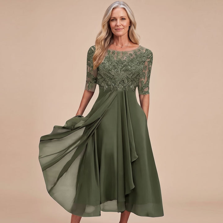 Women's Elegant Lace Dress Chiffon Midi A-Line - Green