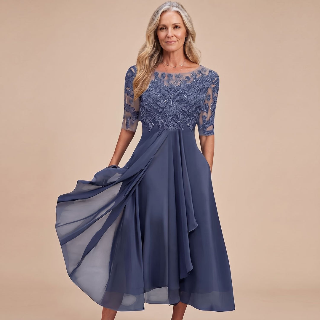 Women's Elegant Lace Dress Chiffon Midi A-Line - Purple
