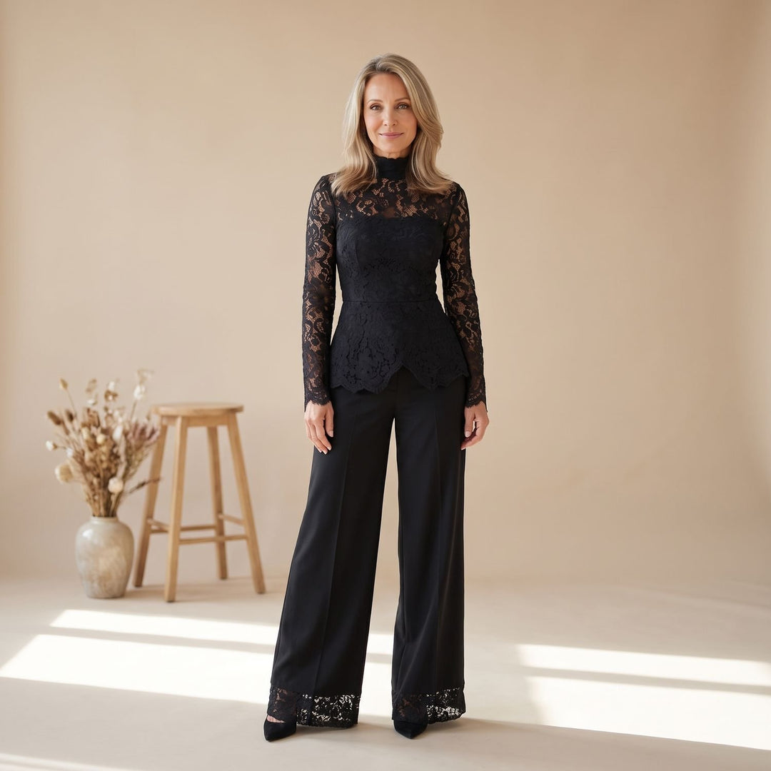 Women's Elegant Lace High-Neck Wide-Leg Jumpsuit - Black