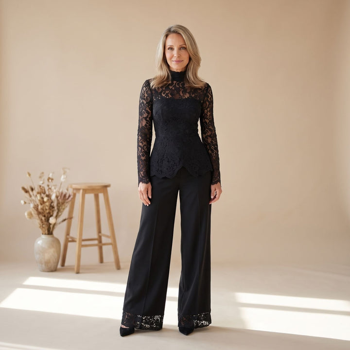 Women's Elegant Lace High-Neck Wide-Leg Jumpsuit - Black