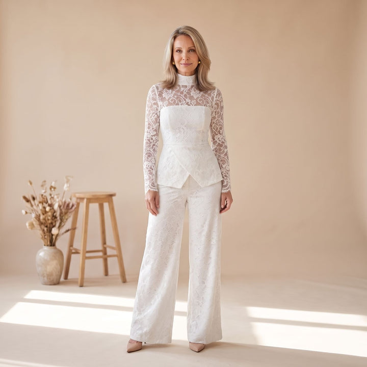Women's Elegant Lace High-Neck Wide-Leg Jumpsuit - White