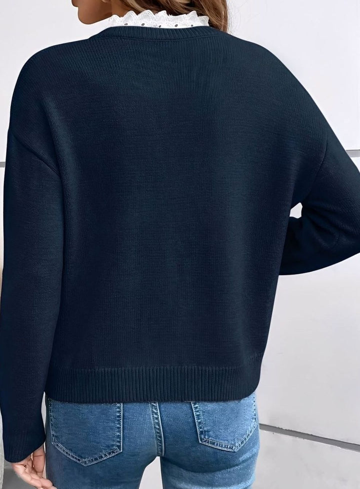 Women's Elegant Lace-Trim V-Neck Knit Pullover Sweater