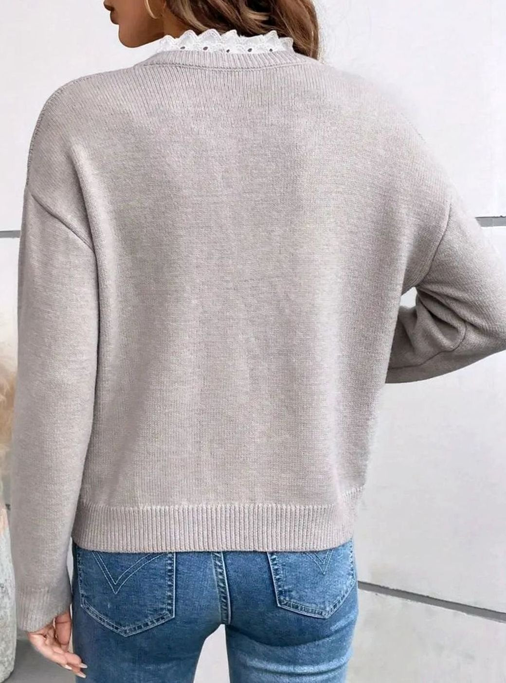 Women's Elegant Lace-Trim V-Neck Knit Pullover Sweater