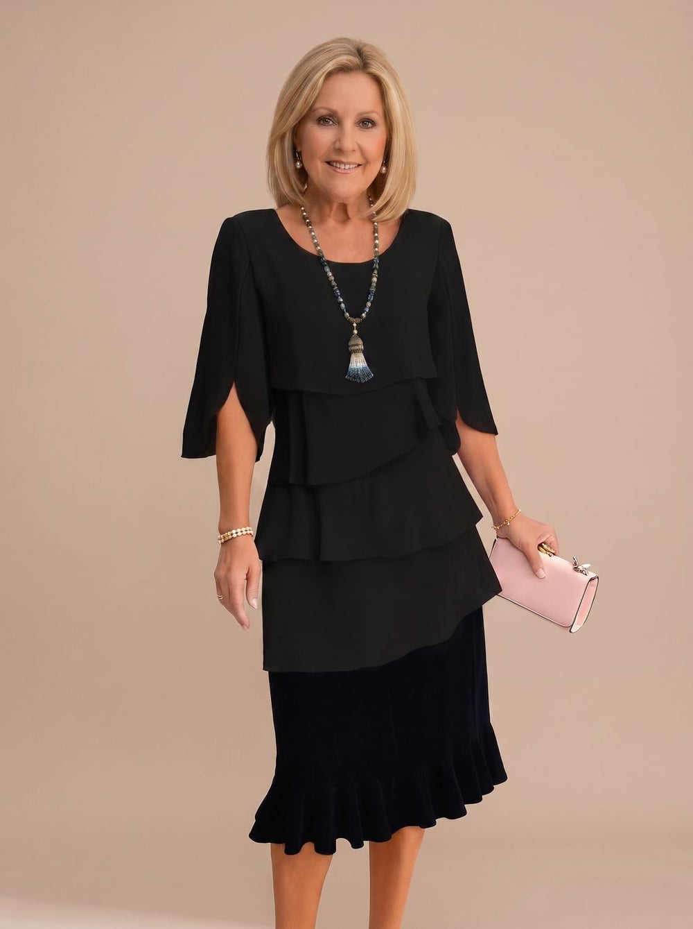 Women's Elegant Layered Ruffle Midi Dress Round Neck - Black