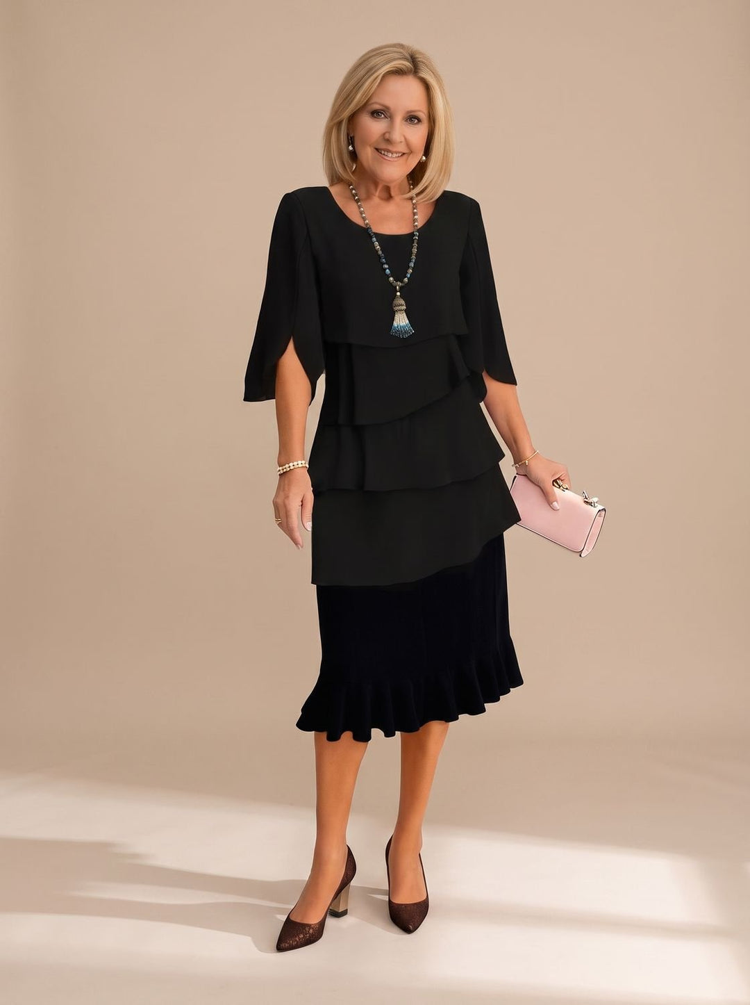 Women's Elegant Layered Ruffle Midi Dress Round Neck