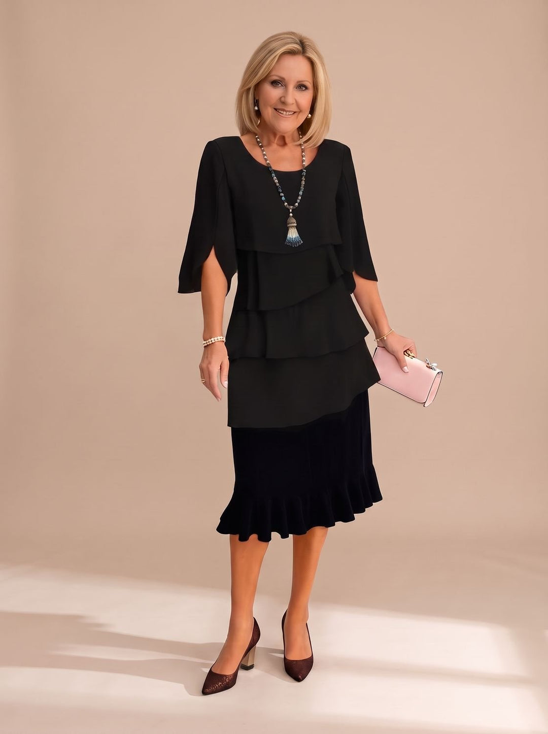 Women's Elegant Layered Ruffle Midi Dress Round Neck