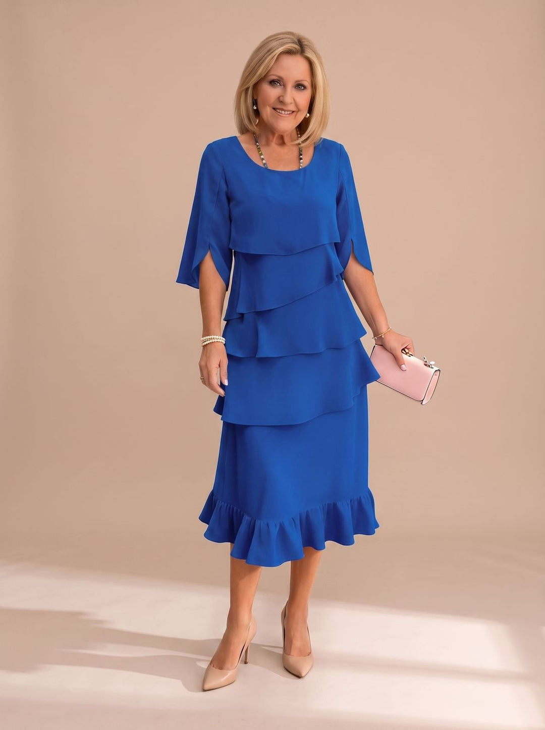 Women's Elegant Layered Ruffle Midi Dress Round Neck - Blue