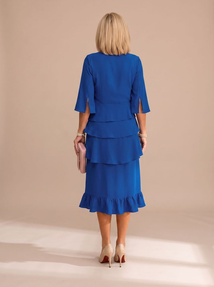 Women's Elegant Layered Ruffle Midi Dress Round Neck