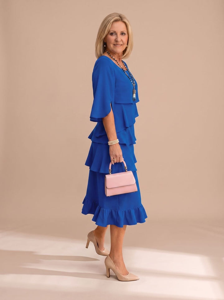 Women's Elegant Layered Ruffle Midi Dress Round Neck