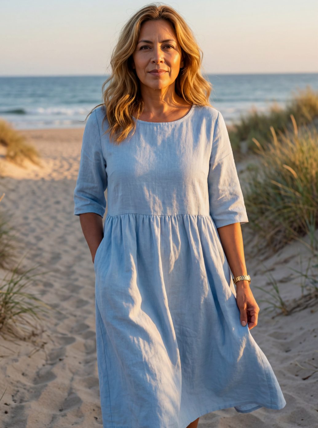 Women's Elegant Linen Midi Dress Round Neck Half Sleeves - Blue