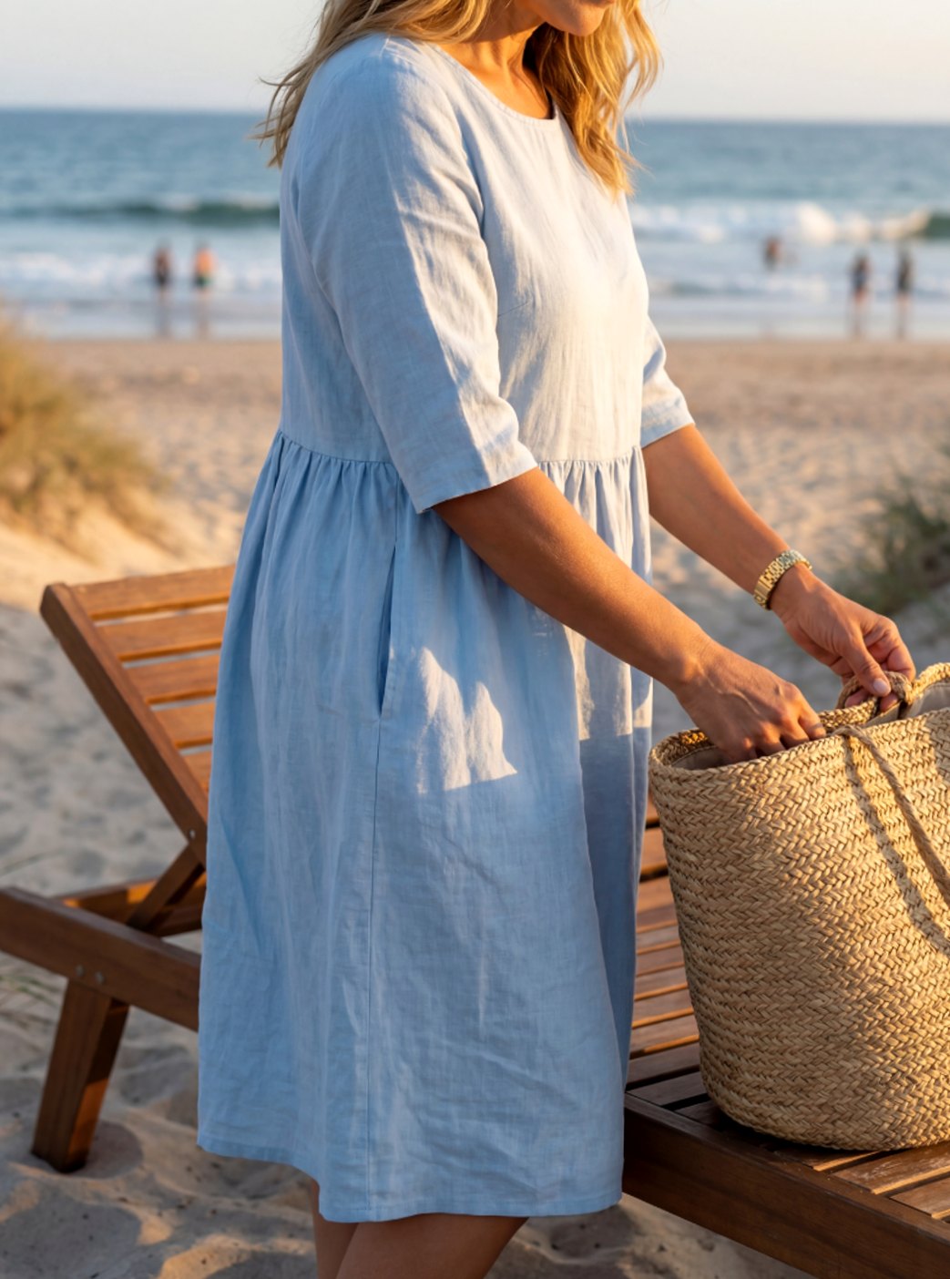 Women's Elegant Linen Midi Dress Round Neck Half Sleeves