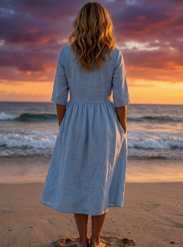 Women's Elegant Linen Midi Dress Round Neck Half Sleeves